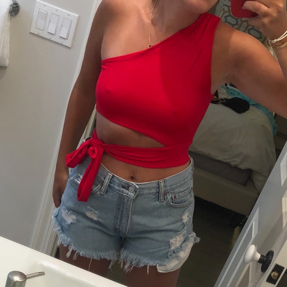 One Shoulder Red Tie Crop Top